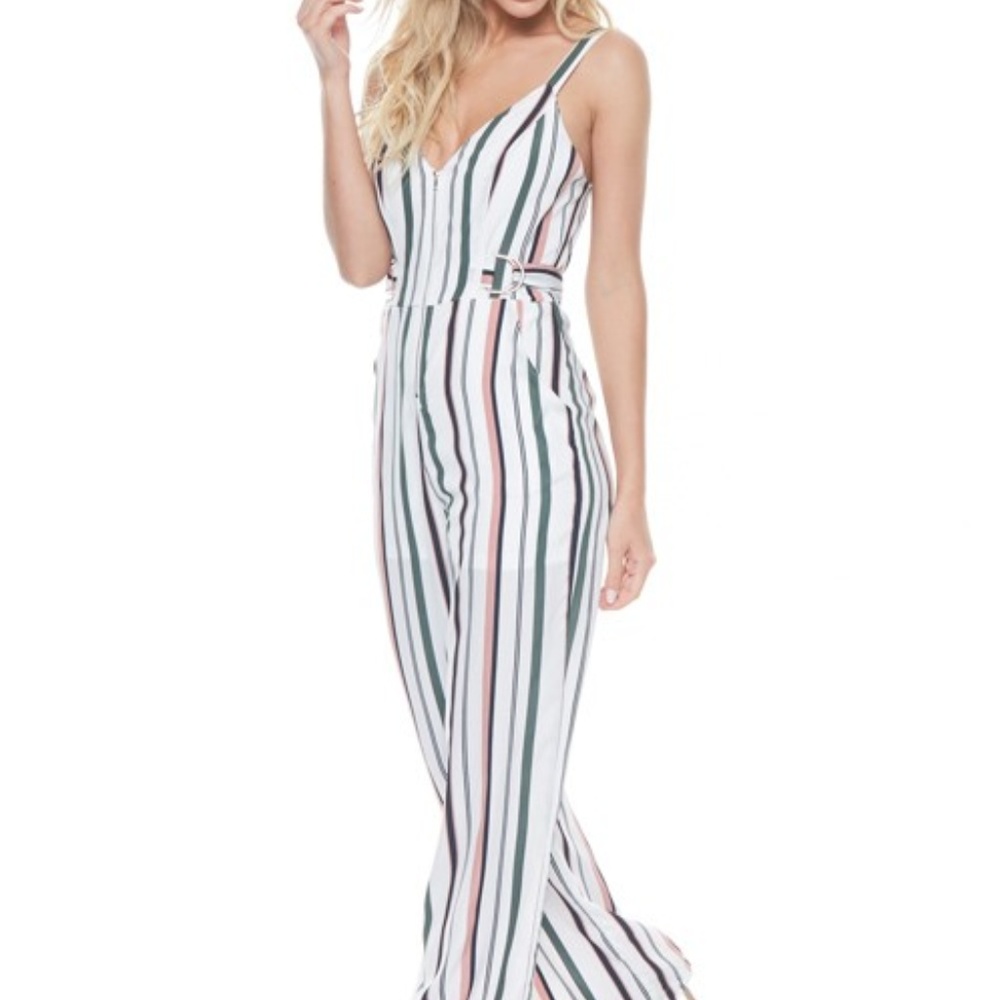 Striped Jumpsuit With Front Zipper And Pockets